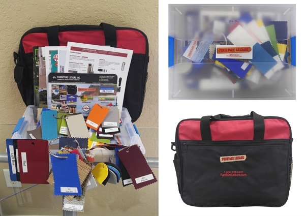 Portable pool furniture fabric and finish sample kit organized in a branded carrying case to help property managers quickly select commercial outdoor furniture materials and colors.